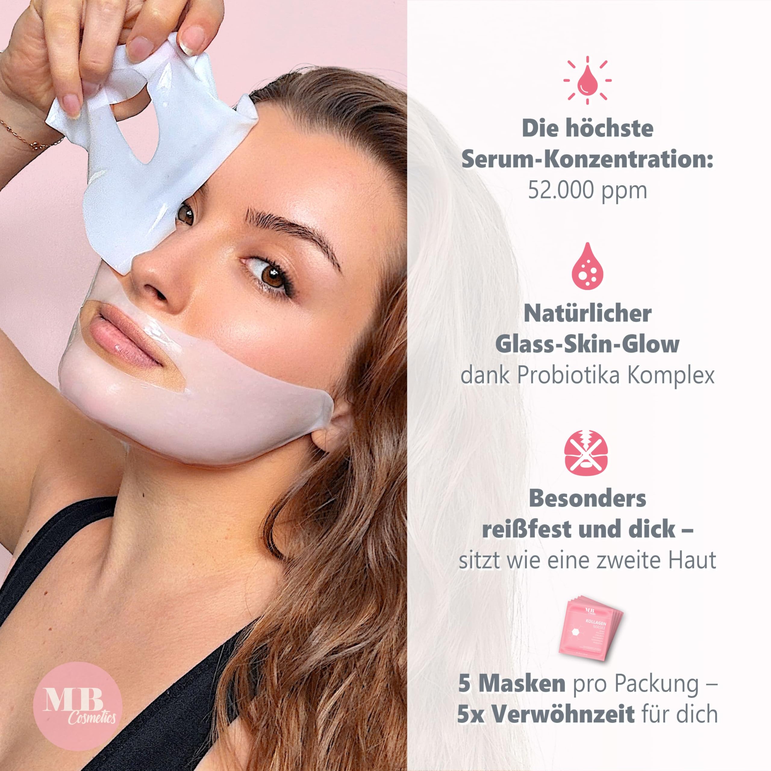 Kollagen Maske mit Hyaluron, Niacinamiden und Probiotika-Komplex für eine straffere Haut. Hydrogel Gesichtsmaske zur Faltenreduktion und Feuchtigkeitspflege. Ultra-hochkonzentriert mit 52.000 ppm. 2