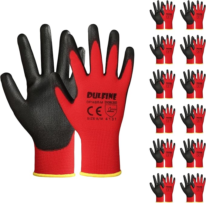 Safety Work Gloves for Men PU Coated12 Pairs Bulk Pack,Red Seamless Knit Glove with