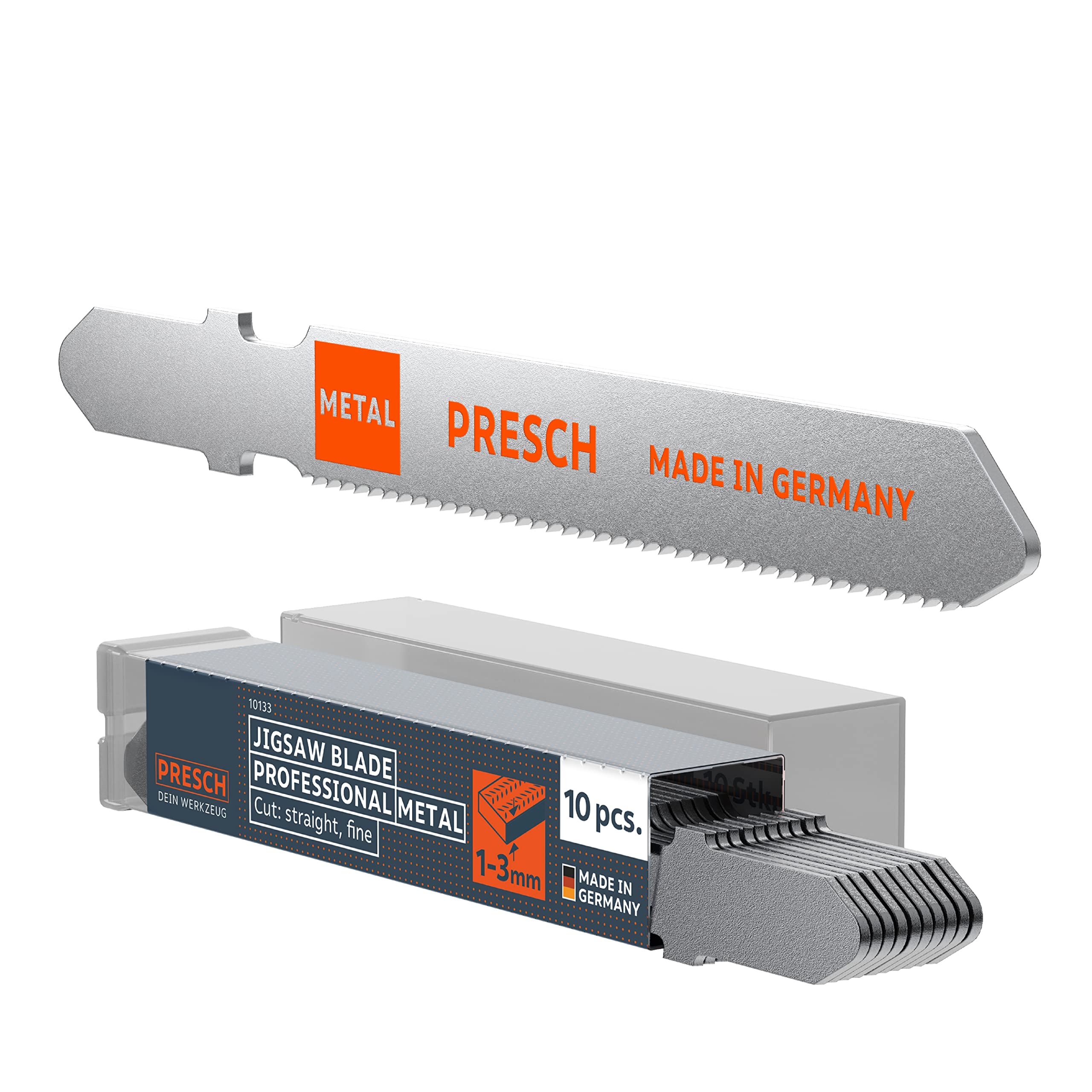 Presch Jigsaw blades Metal 10 pcs. - For stainless steel, INOX (1-3mm) - Durable T-shank saw edges for all jigsaws - Clean steel sawing jigsaw edges for stainless steel, metal and many more