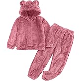 COZYPOIN Girls Fuzzy 2 Piece Outfits Sweatsuit Warm Bear Ear Fleece Hoodie Sweatshirt and Pants Cute Kids Clothing Sets