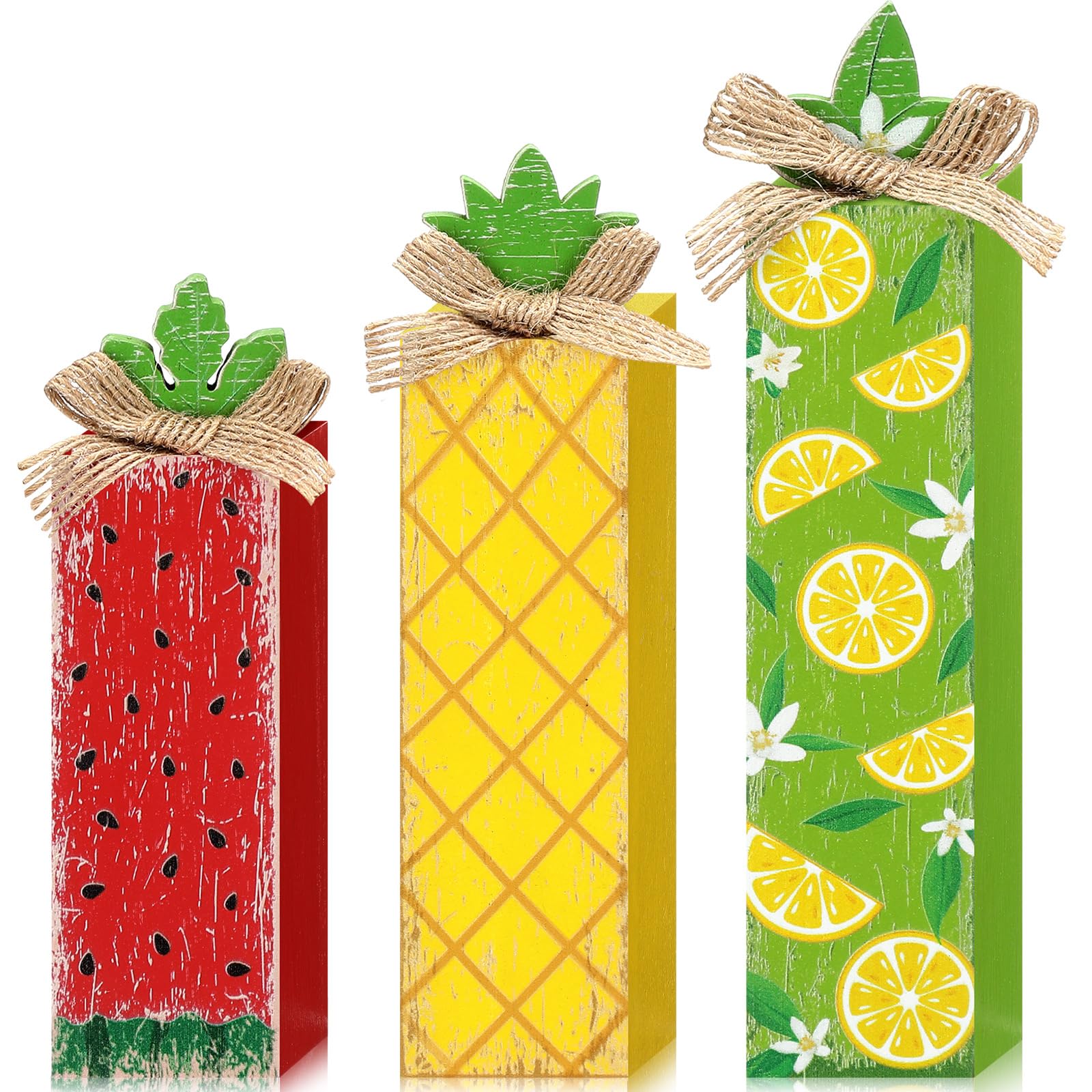 Photo 1 of Redbaker 3 Pcs Summer Wood Table Block Sign Lemon Tiered Tray Decor Watermelon Wooden Tabletop Centerpiece Rustic Farmhouse Wooden Pineapple Decorations for Summer Home Kitchen Party Table Shelf