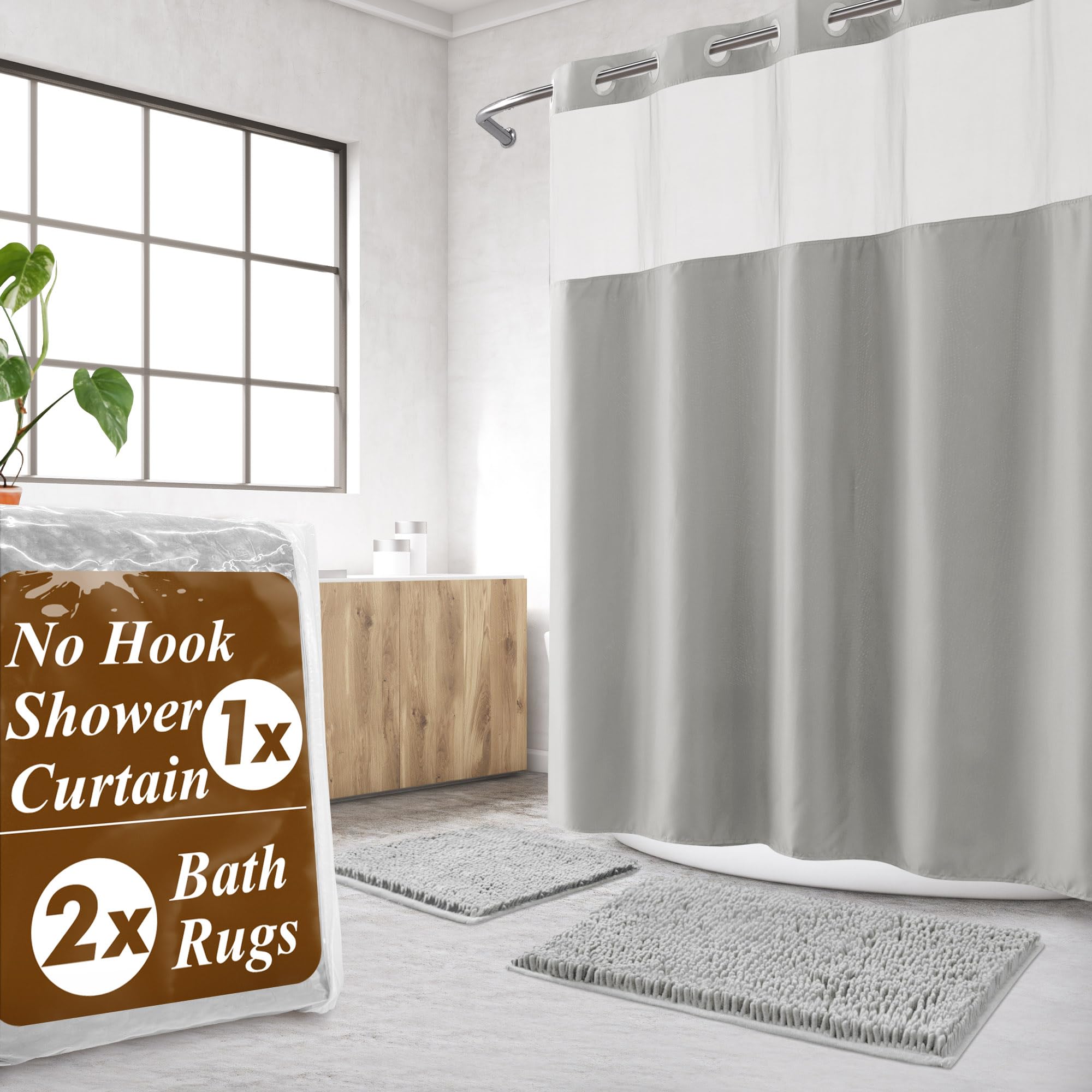 Photo 1 of **ONLY THE 2 RUGS/MISSING SHOWER CURTAINS**Barossa Design No Hook Shower Curtain Sets with Rugs - Gray Bathroom Rug
 and Snap in Liner Bathroom Curtains, Light Grey