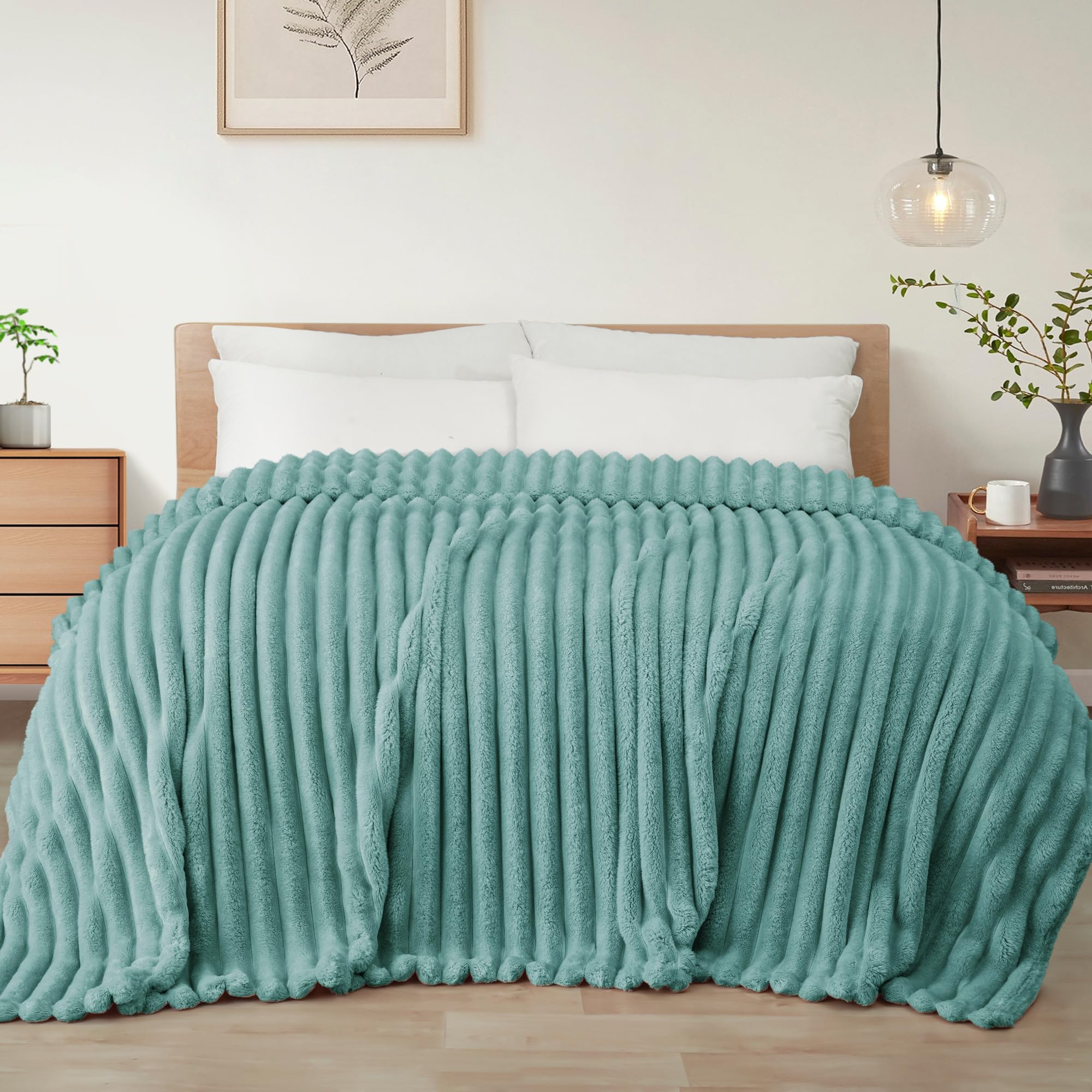 Exclusivo Mezcla Queen Size Flannel Fleece Blanket, Super Soft Striped Jacquard Bed Blanket, Lightweight Fuzzy Cozy for All Seasons, 230x230 CM, Celadon