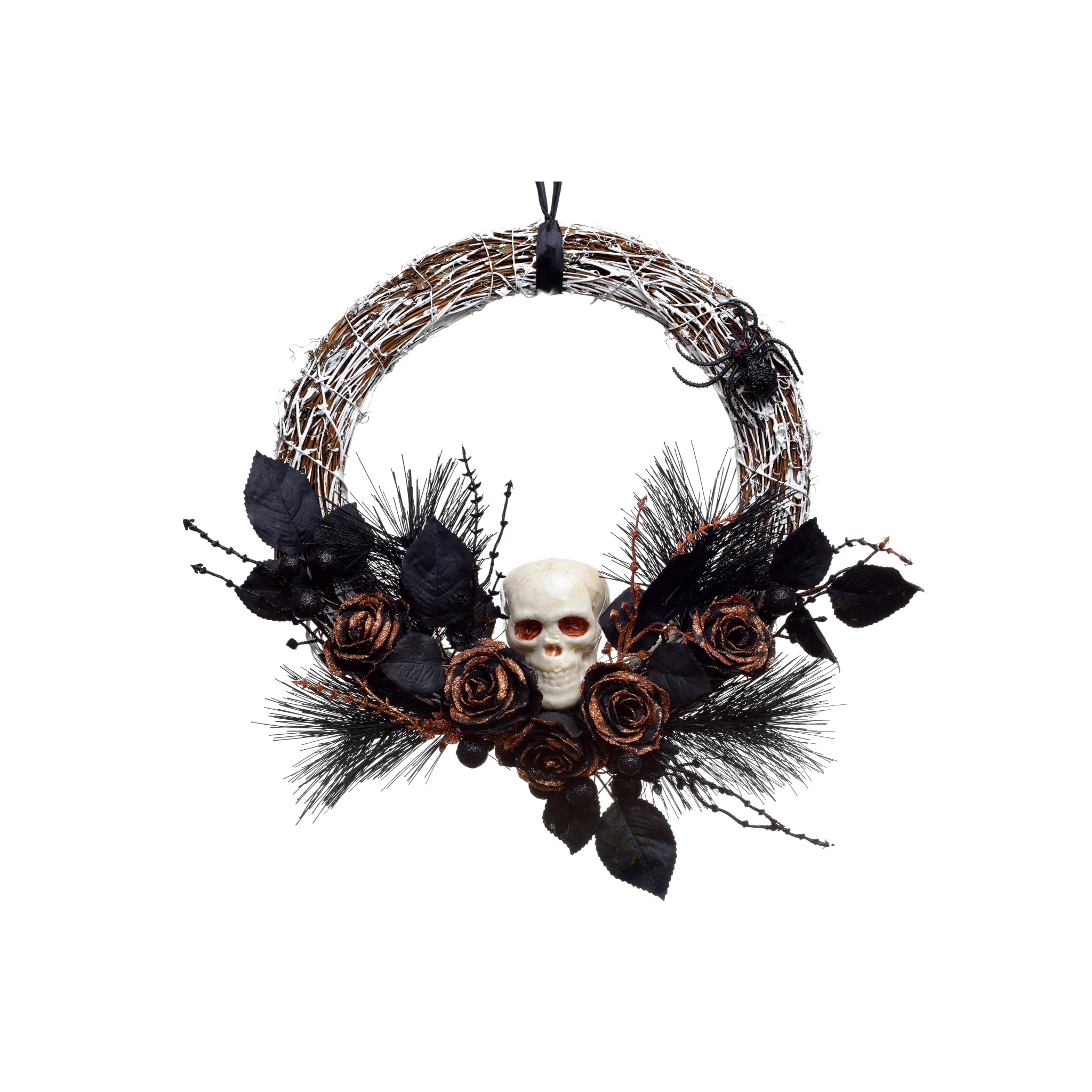 HEITMANN DECO Rattan Wreath Halloween Decoration Party Skull Spiders Roses Plastic Gold Brown Black Approx. 35 x 35 x 7 cm