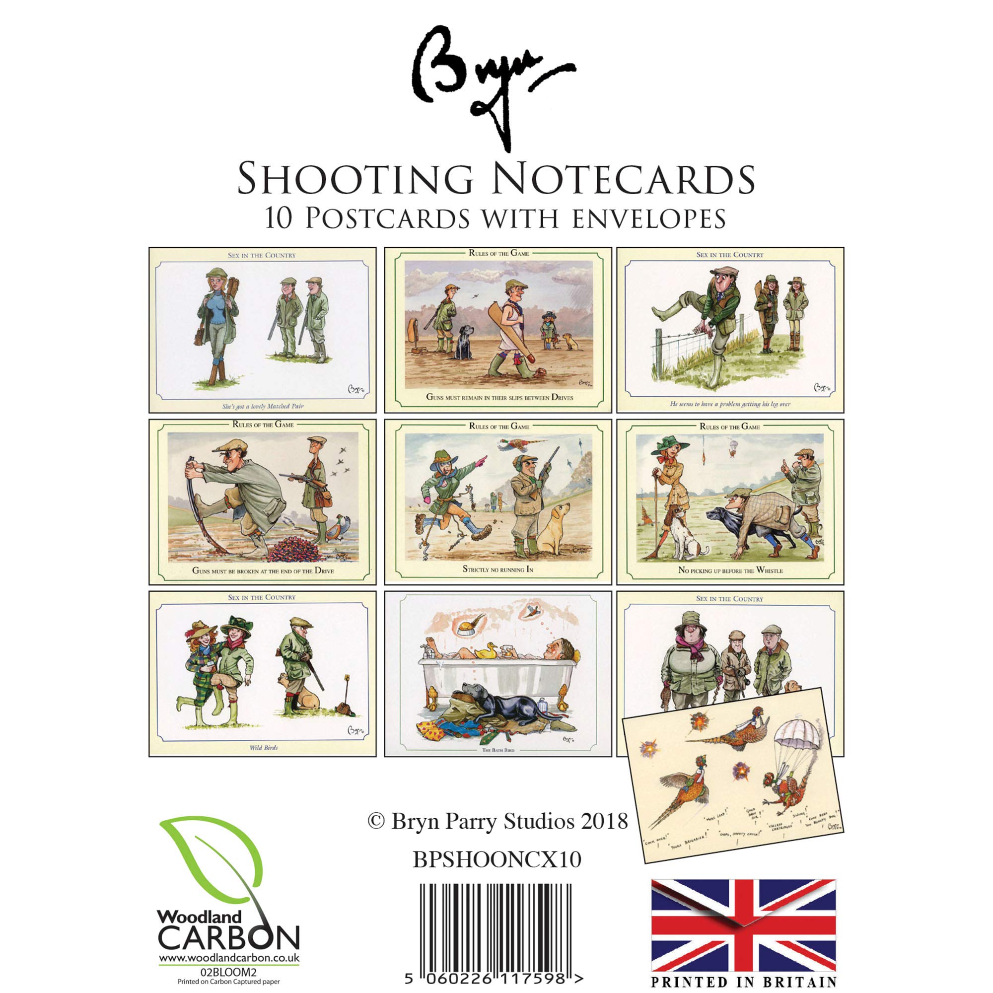10 Mixed Shooting notecards with envelopes. Featuring iconic cartoon sporting images by Bryn Parry. A great shooting or hunting gift. Perfect for Thank you letters, invites etc