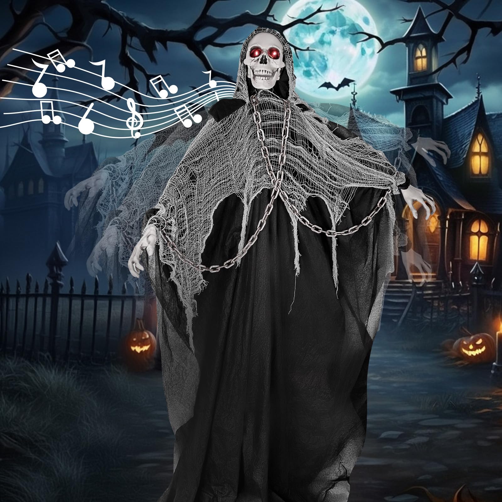 Photo 1 of 74'' Halloween Outdoor Decorations Prop, Life Size Sound Activated Skeleton Ghost with Adjustable Arms Light Up Eyes Scary Halloween Animatronic for Haunted House Decorations Yard Lawn Decor