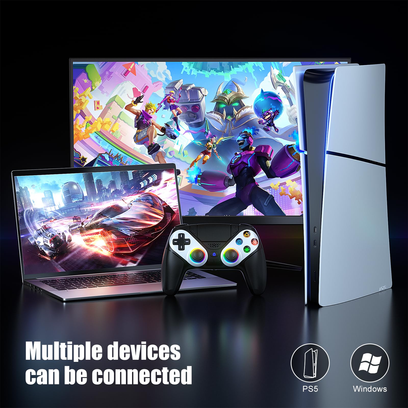 Bonacell RGB Wireless Controller für PS5 Pro/Slim/PC, Back Paddles 6-Achsen-Bewegungs/Dual Vibration/Turbo/Marco Touch Pad 3.5mm Audio Jack 2