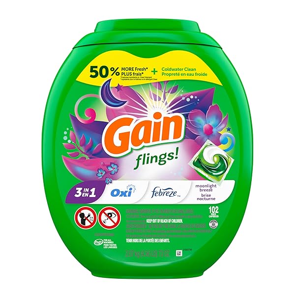 GAIN FLINGS LAUNDRY DETERGENT PACS, 102 COUNT, MOONLIGHT BREEZE SCENT, 3 IN 1 HE DETERGENT PACS WITH OXI BOOST AND FEBREEZE