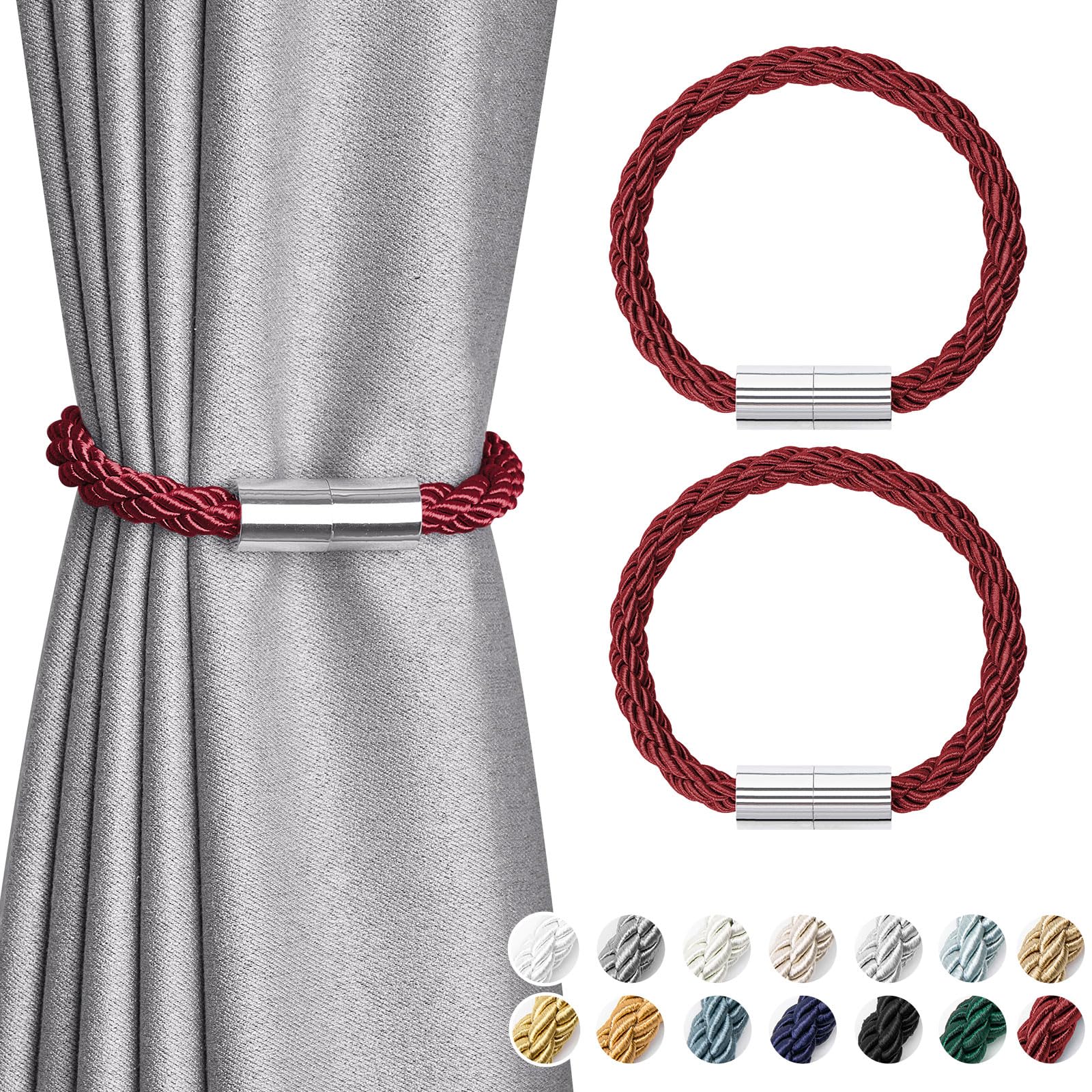 Pretty Jolly 2 Pack Mini Magnetic Curtain Tiebacks Modern Simple Style Drape Tie Backs Elegant Decorative Weave Rope Curtain Holdbacks for Home & Office Thin Window Draperies (Wine Red)