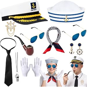 11 Pcs Yacht Captain Sailor Hat Costume Accessories for Men and Women | Navy Sailor Hat, Nautical Captain Hat, Scarf Sunglass