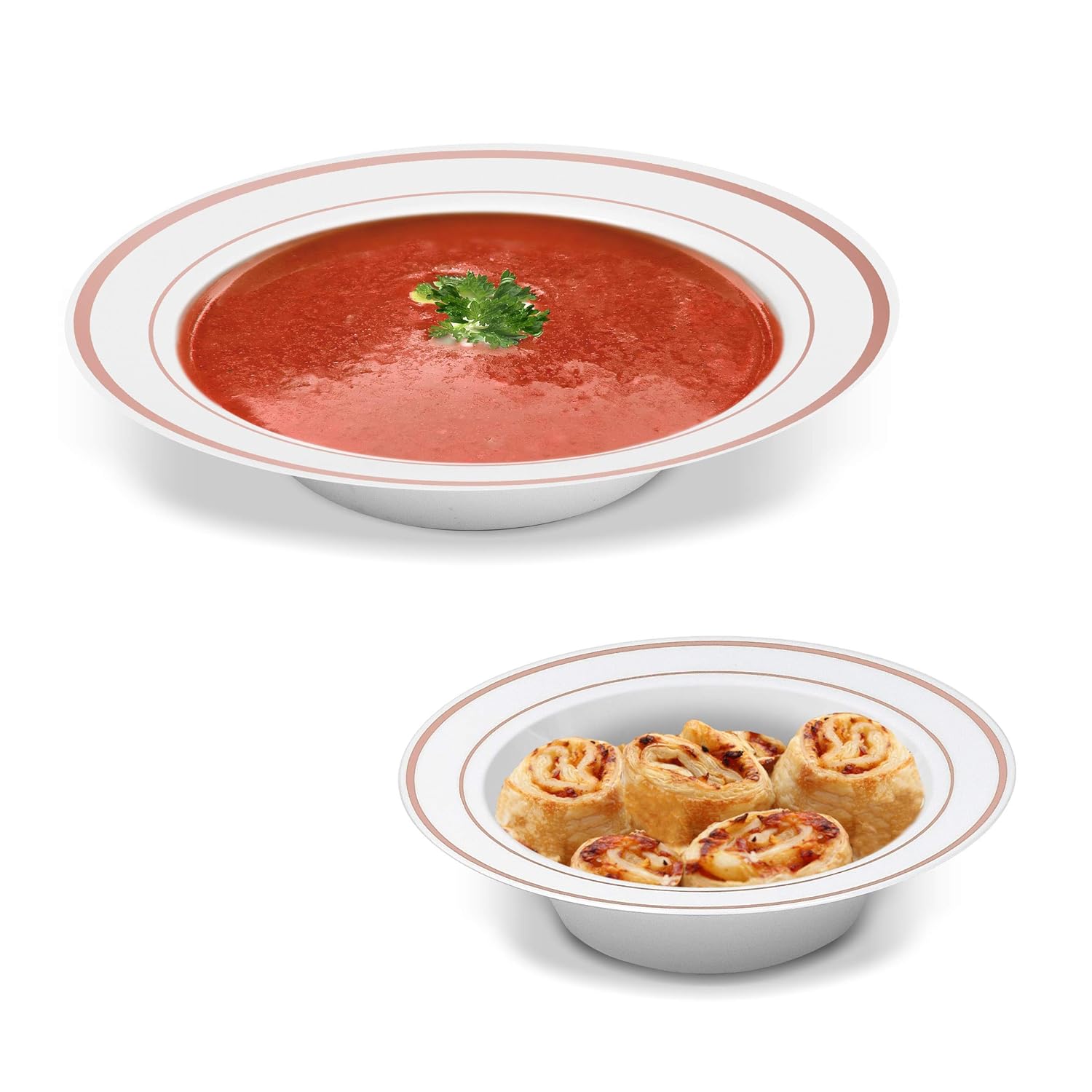 25 Dinner Plates And 25 Dessert Or Appetizer Plates 50 Disposable White Rose Gold Rimmed Heavy Duty Plastic Plates Premium Combo Disposable Dinnerware Set Great For Parties Or Weddings Bowls