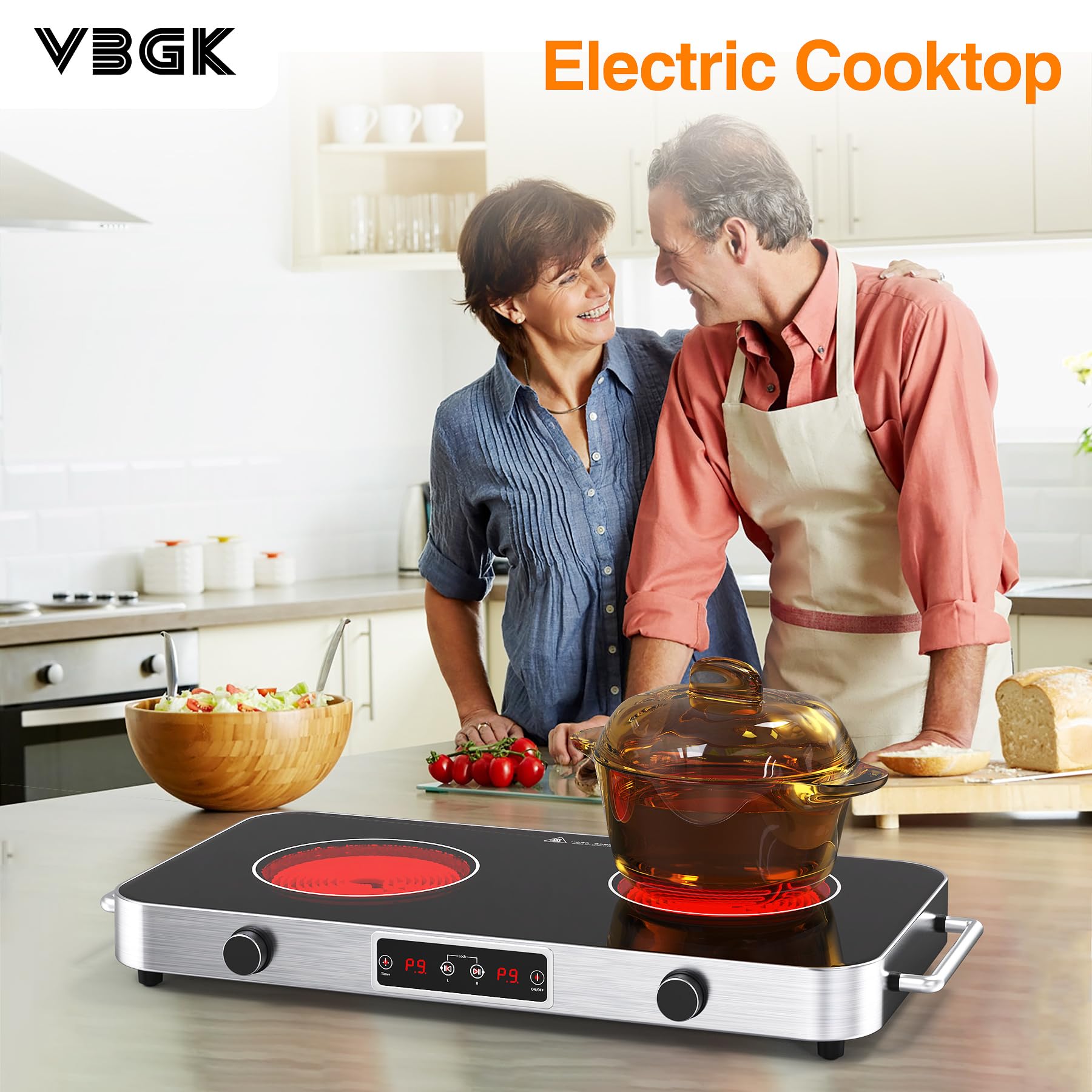 VBGK Cooktop,110V 2200W Stove with Knob Control,9 Power Levels, Kids Lock & Timer,LED touch control,Overheat Protection Stove Top,12 Inch desktop 2 burner cooktop