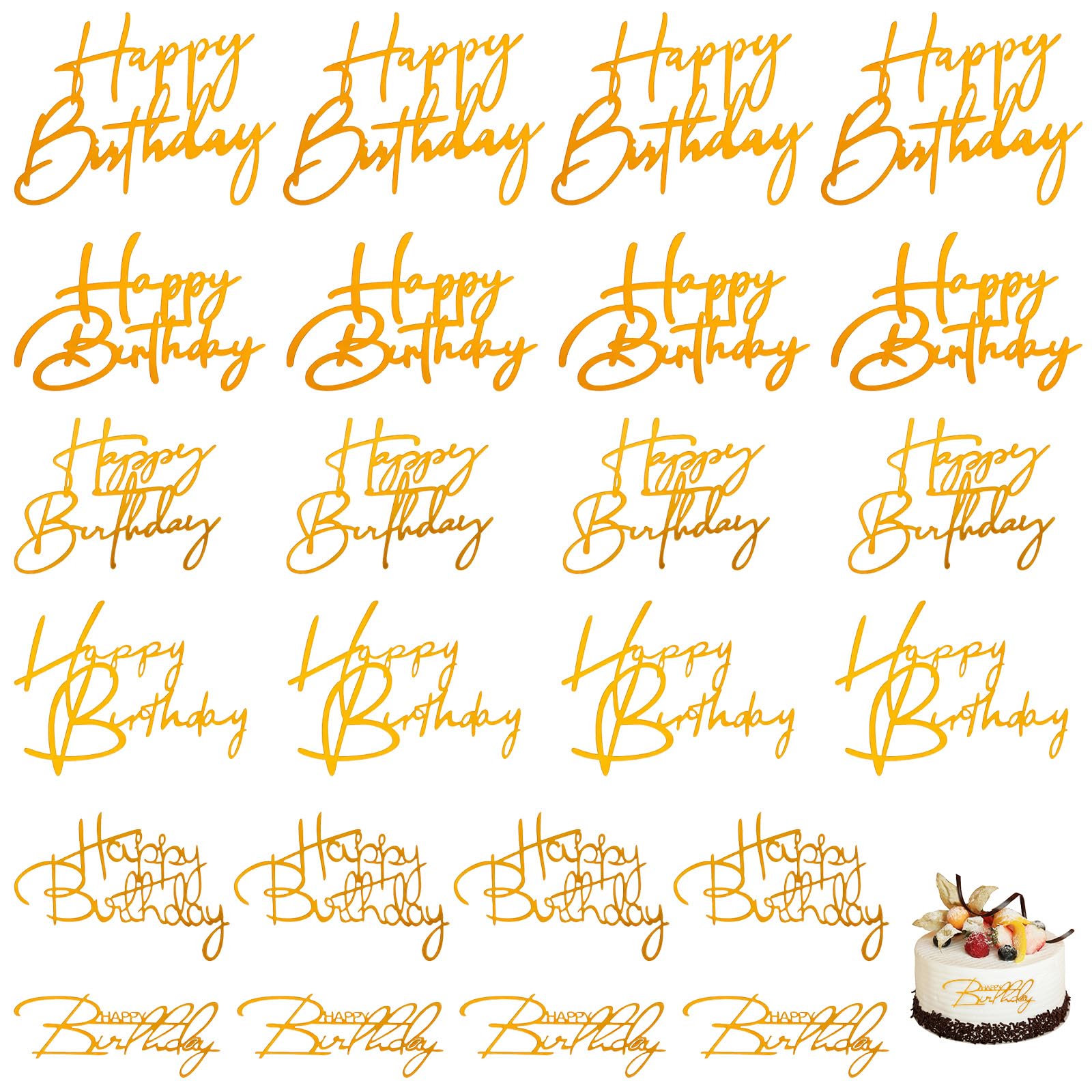 Photo 1 of 24 Pcs Birthday Cake Topper 6 Styles Gold Happy Birthday Sign for Cake Decoration Mirror Acrylic Happy Birthdays Cakes Toppers for DIY Cakes Party Decoration