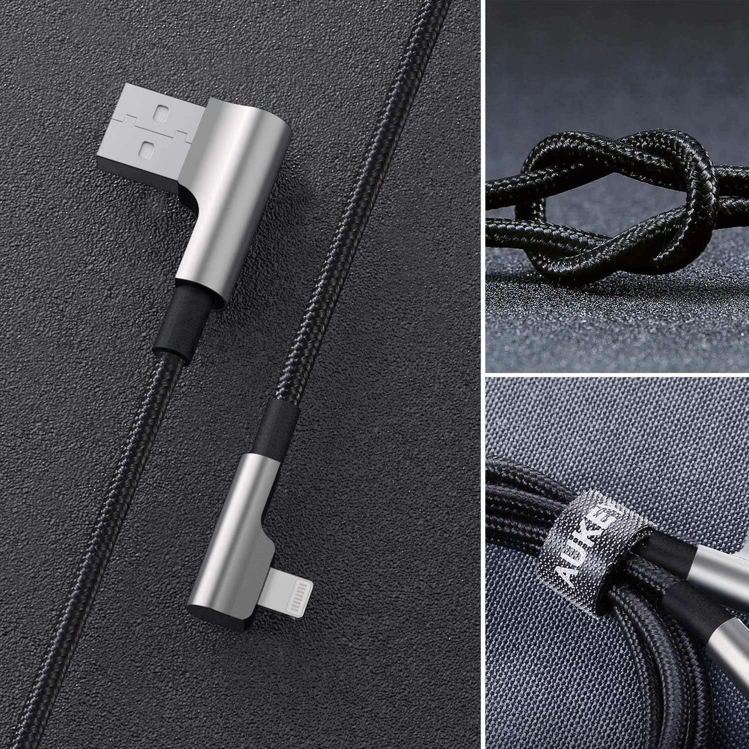 AUKEY Right Angle Lightning Cable (6.6ft - 2 Pack) Nylon Braided [ Apple MFi Certified ] Ideal for Playing Games iPhone Charging Cable Compatible with iPhone 11 / X / 8 / 6, iPad