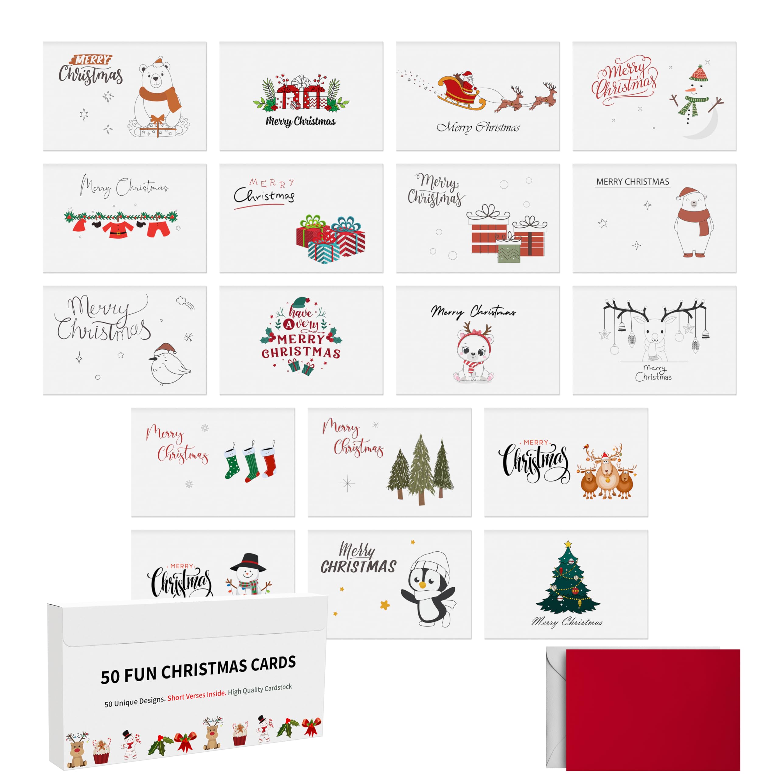 Photo 1 of Dessie 50 Unique Christmas Cards Boxed with Envelopes & Stickers, 4” x 6” Holiday Cards for Kids Charity Work Employees Clients, Bulk Variety Pack