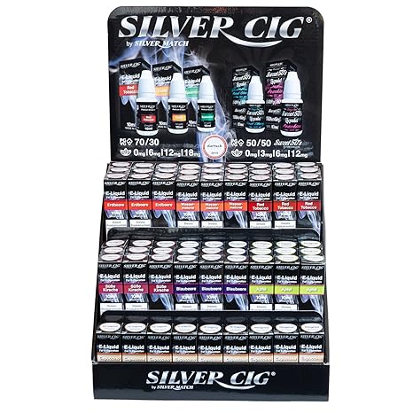 Silver Cig E-Zigaretten-Liquids 63 x 10ml Display Erdbeere, Wassermelone, Red Tabacco, Süße Kirsche, Blaubeere, Apfel, Capucc