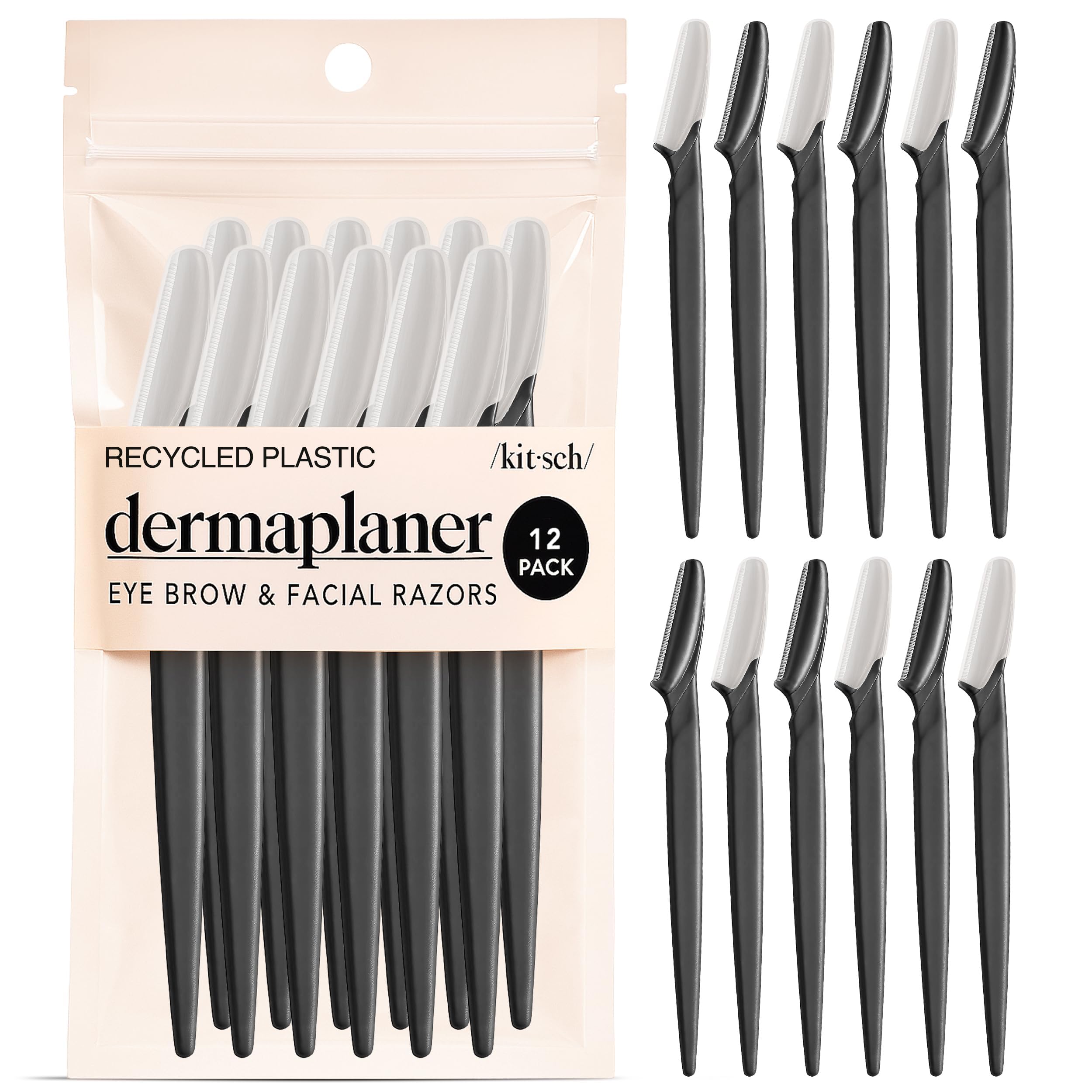 Kitsch Dermaplane Razor for Women Face – Face Razors for Women & Men, Eyebrow Trimmer & Face Shaver – Exfoliating Facial Razor & Skin Care Tool for Smoother Skin - Black, 12 pcs