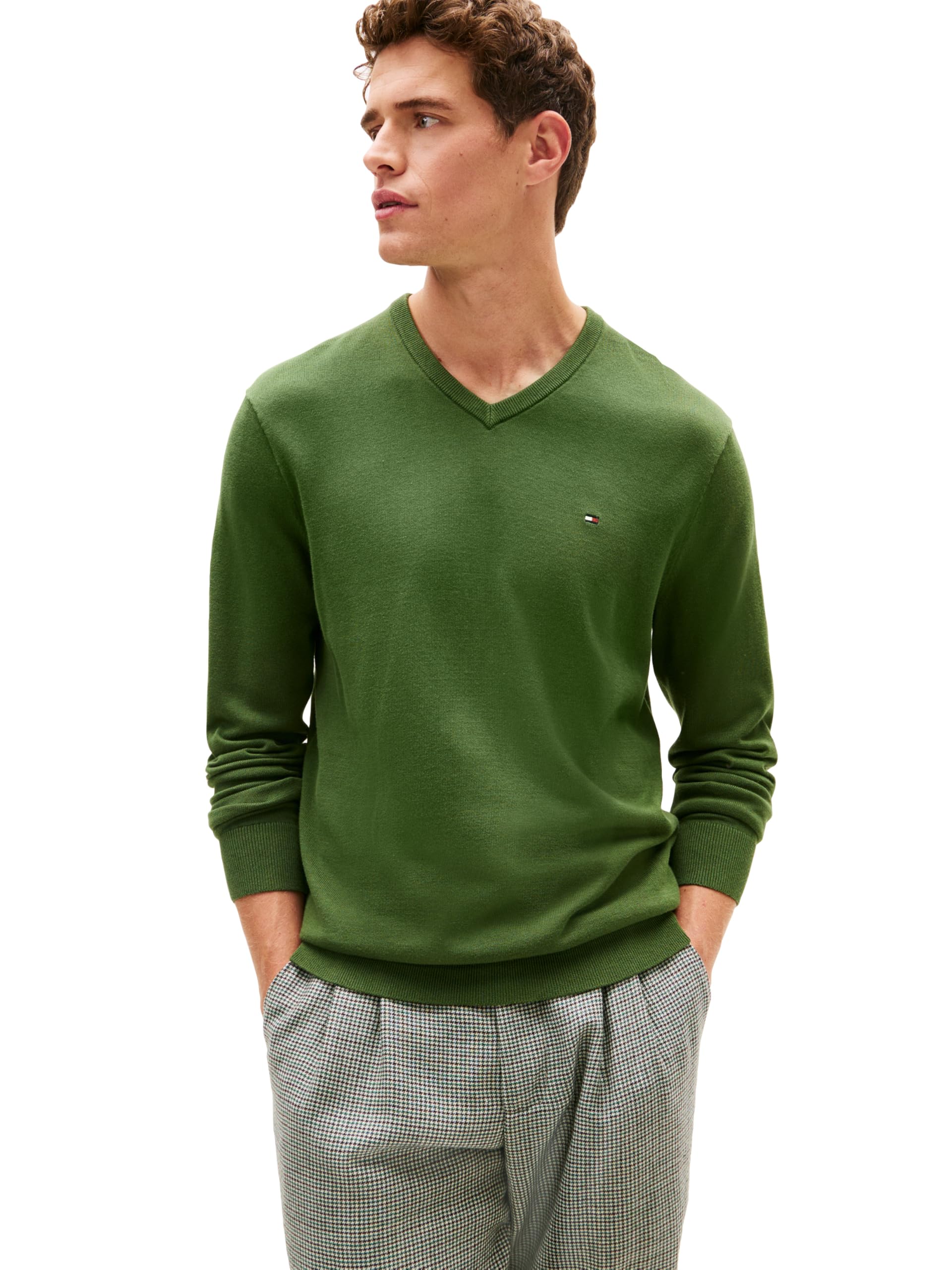 Tommy Hilfiger Men’s Cotton Solid V-Neck Sweater, Mountain Pine XX-Large