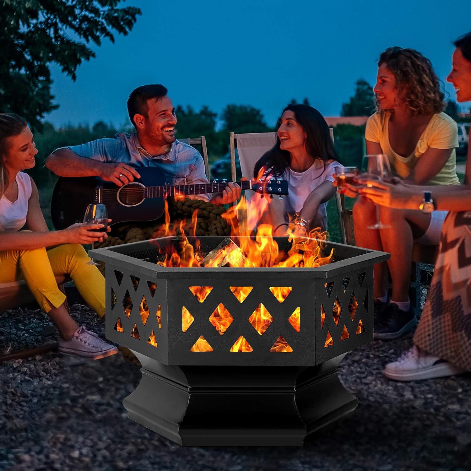 Amagabeli Fire Pit Outdoor Wood Burning Firepit Firebowl Fireplace Poker Spark Screen Retardant Mesh Lid Extra Deep Large Square Outside Backyard Deck Heavy Duty Metal Grate Rustproof Black : Garden & Outdoor