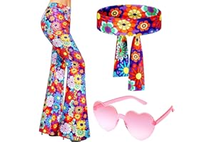 Tisancy 3 Pcs 60s 70s Outfit for Women Hippie Costume Set Disco Flared Pants Groovy Outfit Party Accessories