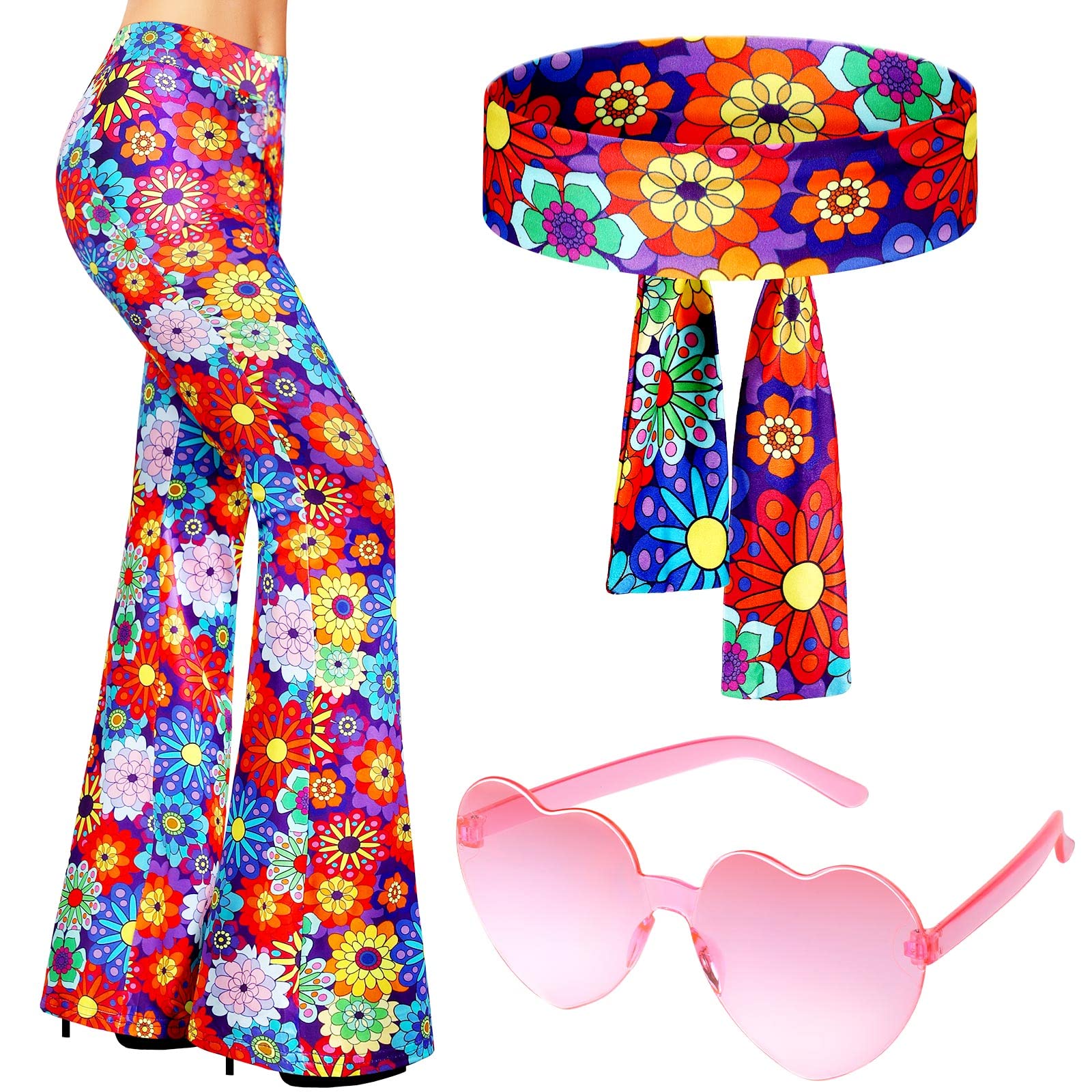 Photo 1 of Tisancy 3 Pcs 60s 70s Outfit for Women Hippie Costume Set Disco Flared Pants Groovy Outfit Party Accessories(S Size, Floral)
