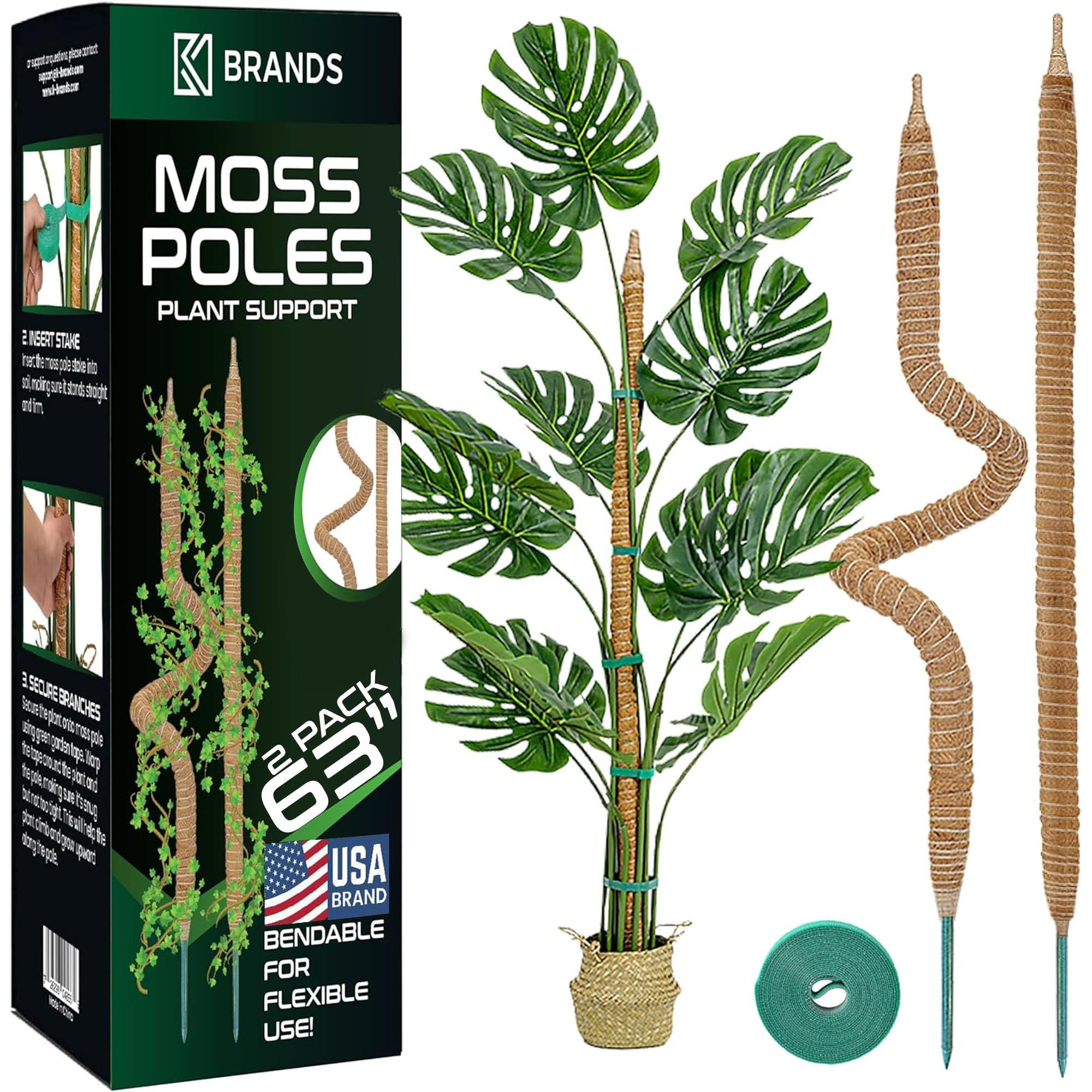 Photo 1 of 2 Pack 63'' Bendable Moss Pole Monstera Plant Support for Large Climbing Indoor Plants - Stakes for Potted Climbers - Tall Sticks Indoor Trellis for Houseplants - Accessories for Monstera Pot