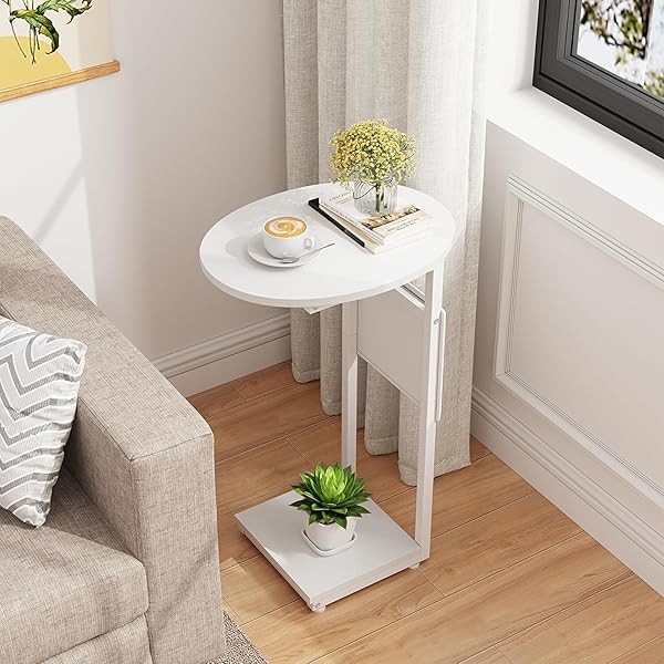 VAGUSICC C SHAPED END TABLE, SIDE TABLE FOR COUCH, SMALL COUCH SIDE TABLE FOR SMALL SPACES, SLIDE UNDER SOFA TRAY DESK WITH STORAGE BAG, ROUND SIDE TABLES FOR LIVING ROOM AND BEDROOM, WHITE
