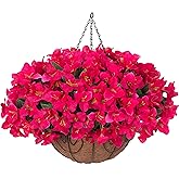 Artificial Fake Hanging Flowers Plants Basket for Outdoors Spring Summer Decoration, Faux Silk Bougainvillea Flowers in Planter UV Resistant Realistic for Outside Porch Patio Garden Yard Home, Hotpink