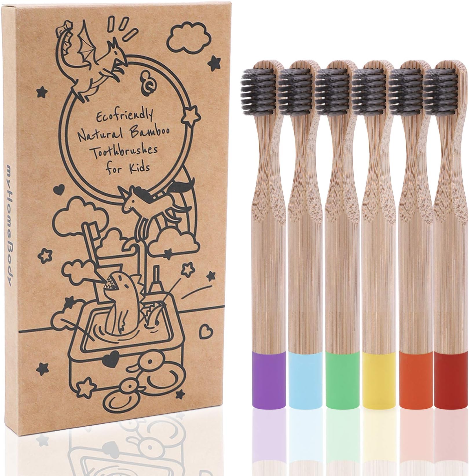 Biodegradable Kids Toothbrushes | BPA-Free Soft Charcoal Bristles |Cute Color-Coded, Animal Logos|Ecofriendly Toothbrushes Made from Natural, Sustainable Bamboo | 6 Pack