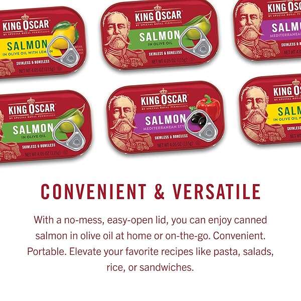 KING OSCAR PREMIUM SALMON IN OLIVE OIL, 4.05-OUNCE CANS (PACK OF 12, PACKAGING MAY VARY), SKINLESS & BONELESS SALMON