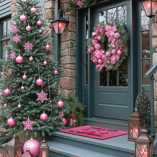 LANPN CHRISTMAS WELCOME NATURAL COIR DOOR MAT, SANTA LARGE COCO FRONT DOOR OUTDOOR DOORMAT OUTSIDE ENTRANCE PORCH NON SLIP RUBBER RUG WINTER XMAS FARMHOUSE DECOR (PINK, 36X24 INCH)