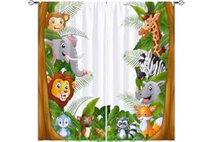 YUANZU Kids Animal Curtains Rod Pocket Boys Girls Forest Giraffe Lion Elephant Monkey Zebra Rhinoceros Jungle Zoo Print Pattern Window Drapes for Nursery Baby Bedroom Playroom W42 x L84 Inch 2 Panels