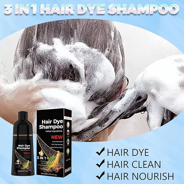 BLACK HAIR DYE SHAMPOO 3 IN 1 FOR WOMEN & MEN 100% GRAY HAIR COVERAGE INSTANT HAIR COLOR SHAMPOO – HERBAL INGREDIENTS – FOR PARA CANAS MUJER 17.6 FL OZ (BLACK)