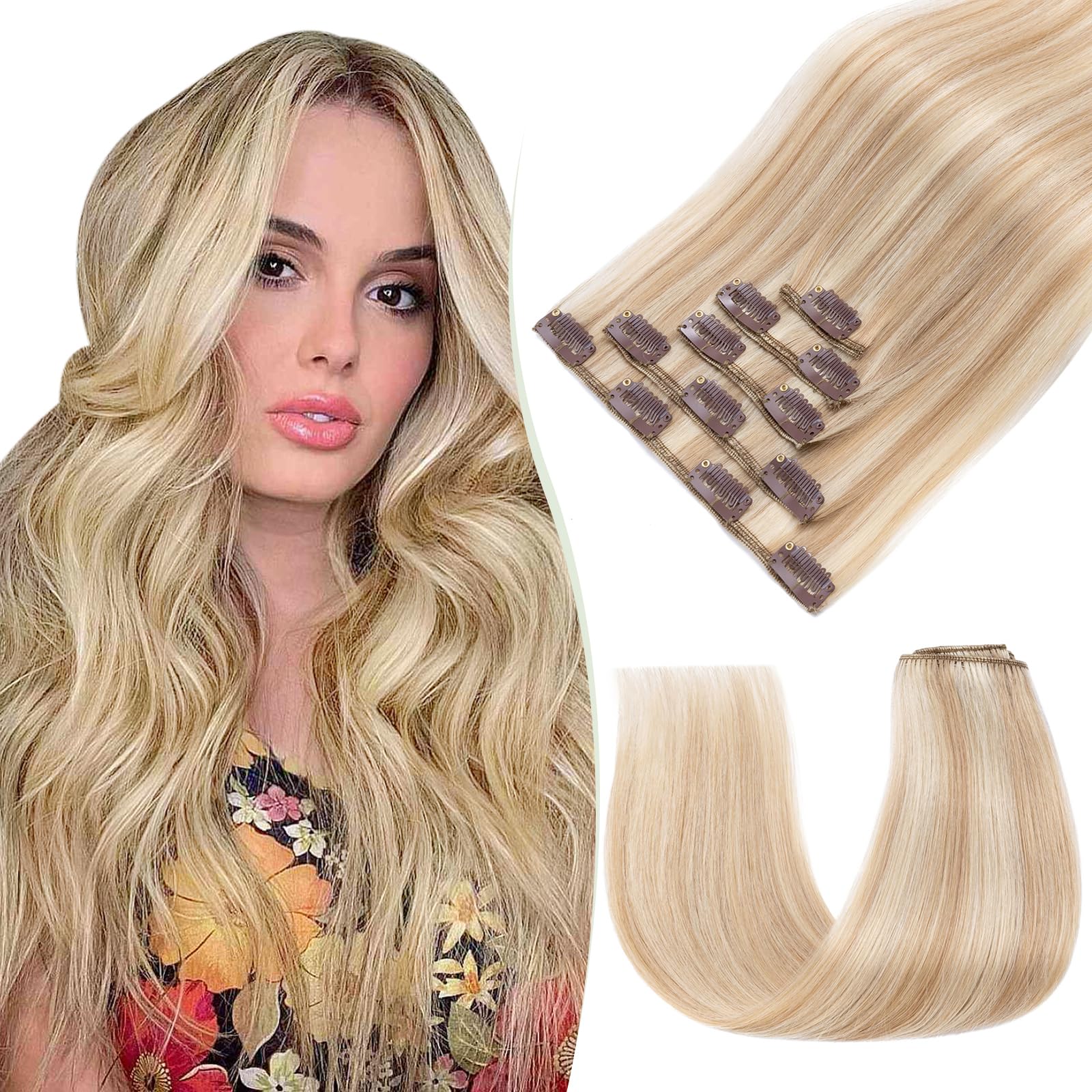 TESS Human Hair Extensions Clip in Real Hair Highlight Remy 5 Pieces Straight Natural Hairpieces for Women/Girls (#18P613 Ash Blonde & Bleach Blonde, 24 Inch 75g) — image 1