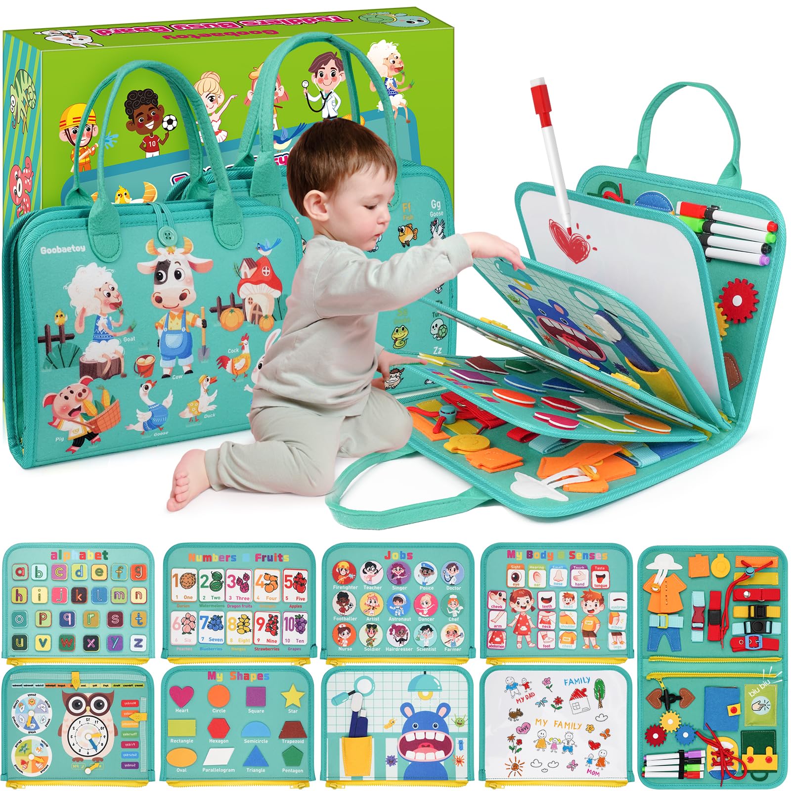 Photo 1 of Goobaetoy Montessori Busy Board - Sensory Learning Toys for Toddlers 3-6 Years-10 Pages-32 Activities, Airplane Car Travel Educational Toys for Autism, 3 Years Boy Birthday Gift (Cyan)