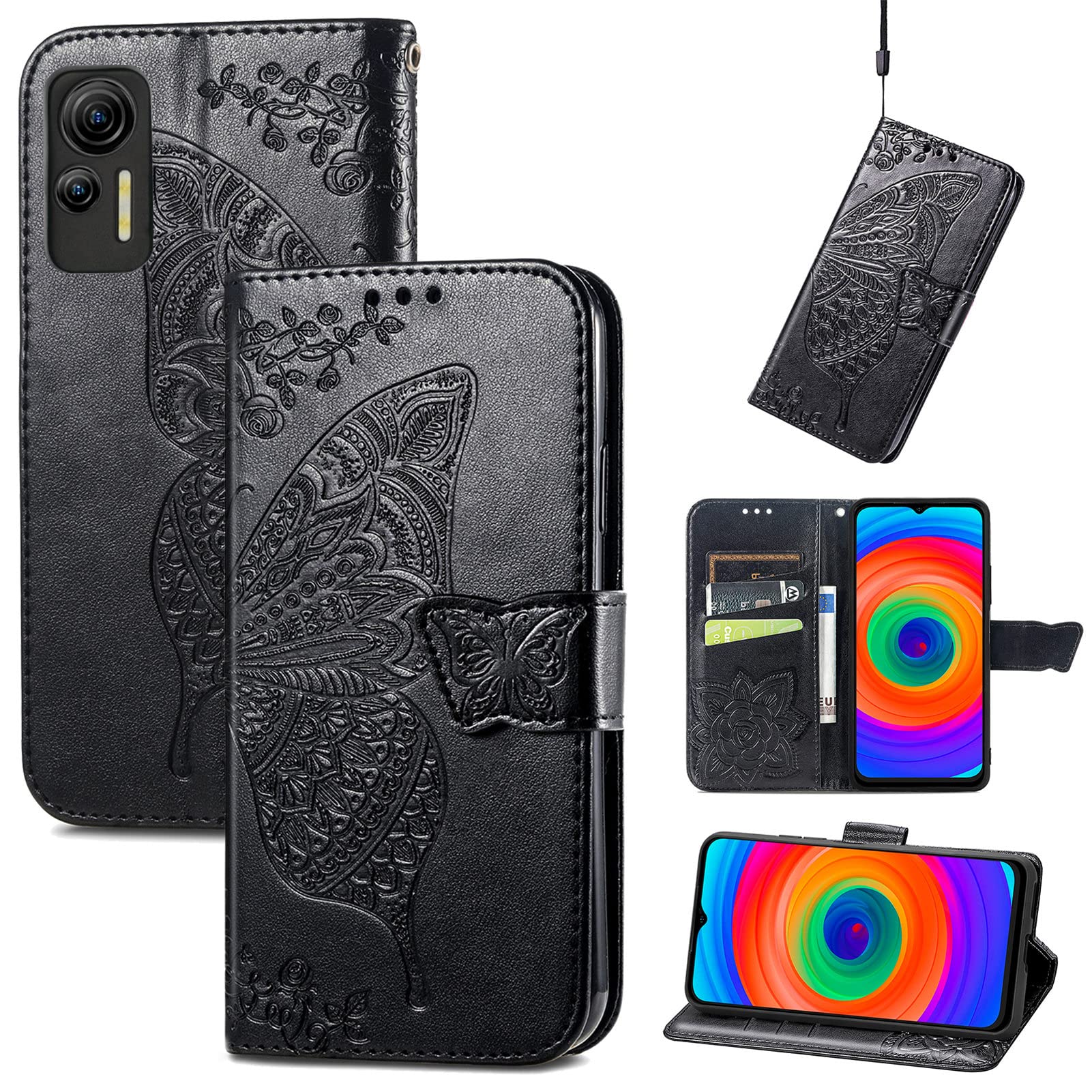 JIUNINE Case for Ulefone Note 14 / Note 14 Pro, Leather Wallet Case Flip Cover with Butterfly Embossed Pattern [Card Holder] [Magnetic Closure] [TPU Inner Shell] for Ulefone Note 14 Pro, Black