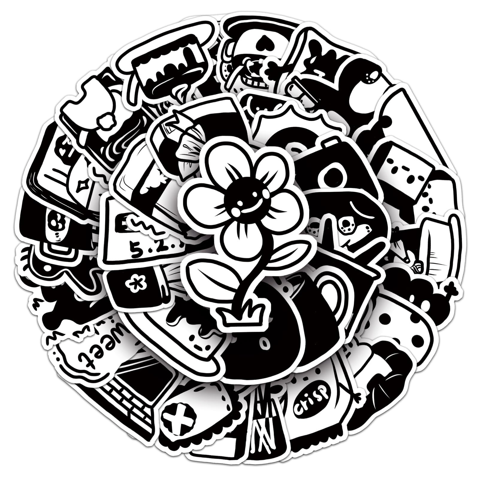 Affoto Artmic Black and White Cartoon Stickers (50 PCS), Waterproof Vinyl for Smooth Surface, Gift for Children Teens Adults