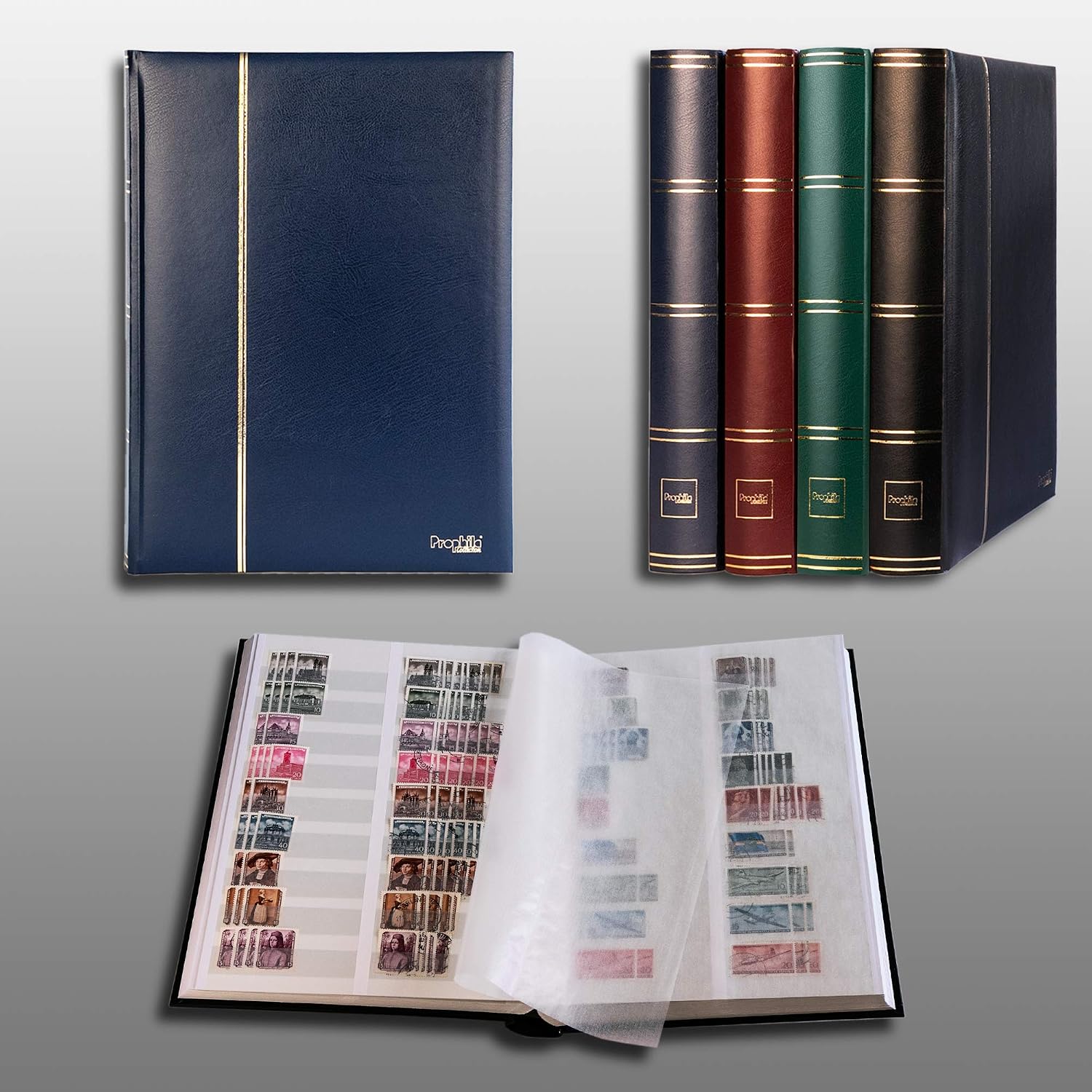 Prophila stamp album (new) 60 white divided sides, padded blue cover, Blue,white,gold, Medium