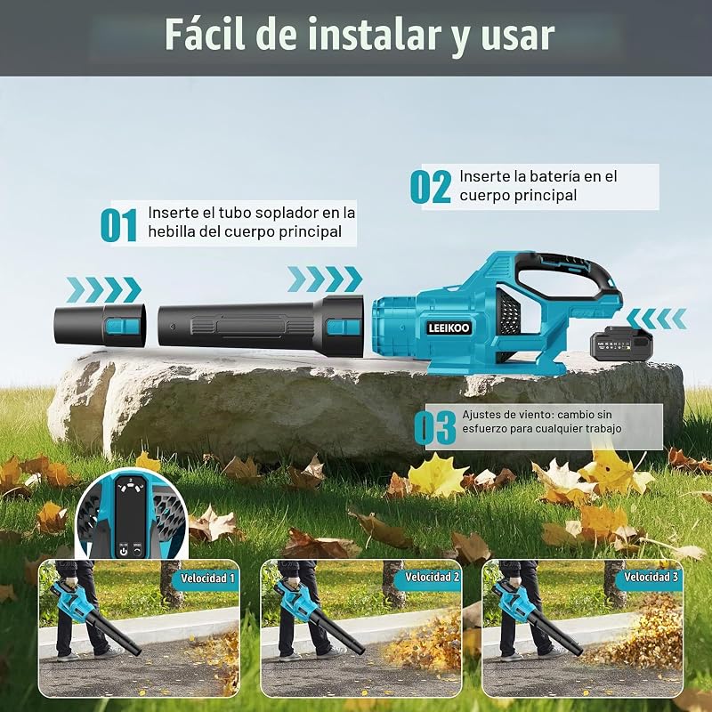 Soplador de Hojas, Soplador Bateria 21V con 2 Baterías de 4.0Ah, 3 Ajustes de Velocidad, 2 Tubos de Soplado, Correa para el Hombro para Soplar Hojas, Nieve, Polvo y Residuos