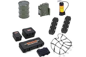 Shaluoman RC Crawler Car Accessories Roof Decoration Set, 10 pcs, Luggage Net, Oil Drum, Recovery Board, Fuel Tank, Fire Extinguisher, Toolboxes for 1/18 1/24 TRX4M SCX24 SCX10 GEN FMS Upgrade Parts