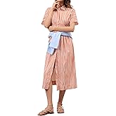 calbatic Women Striped Button Down Pleated Shirt Dress Summer Short Sleeve Ruffle A Line Swing Long Blouse Midi Long Dress