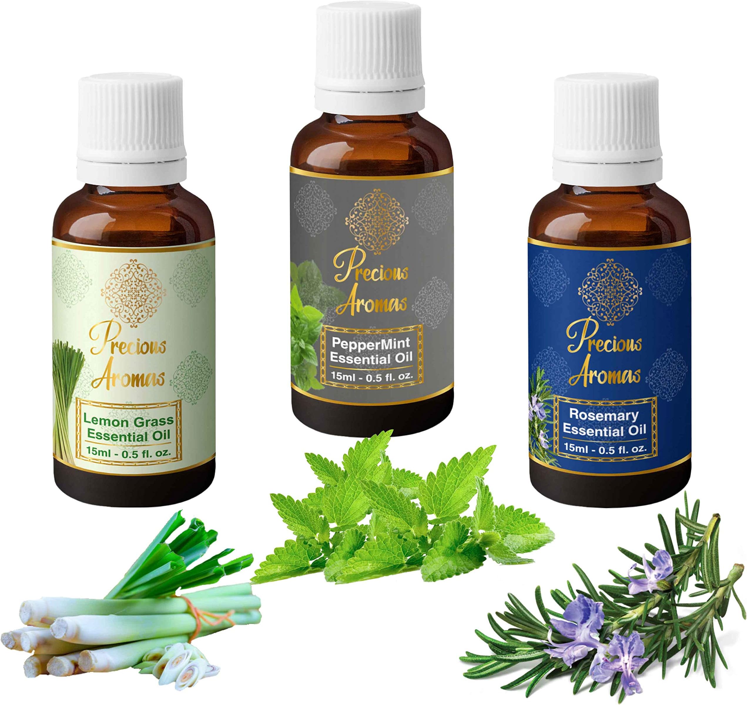 Precious Aromas Essential Oils, Pure and Natural, Pack of 3, 15 ML (Lemongrass, Peppermint, Rosemary)