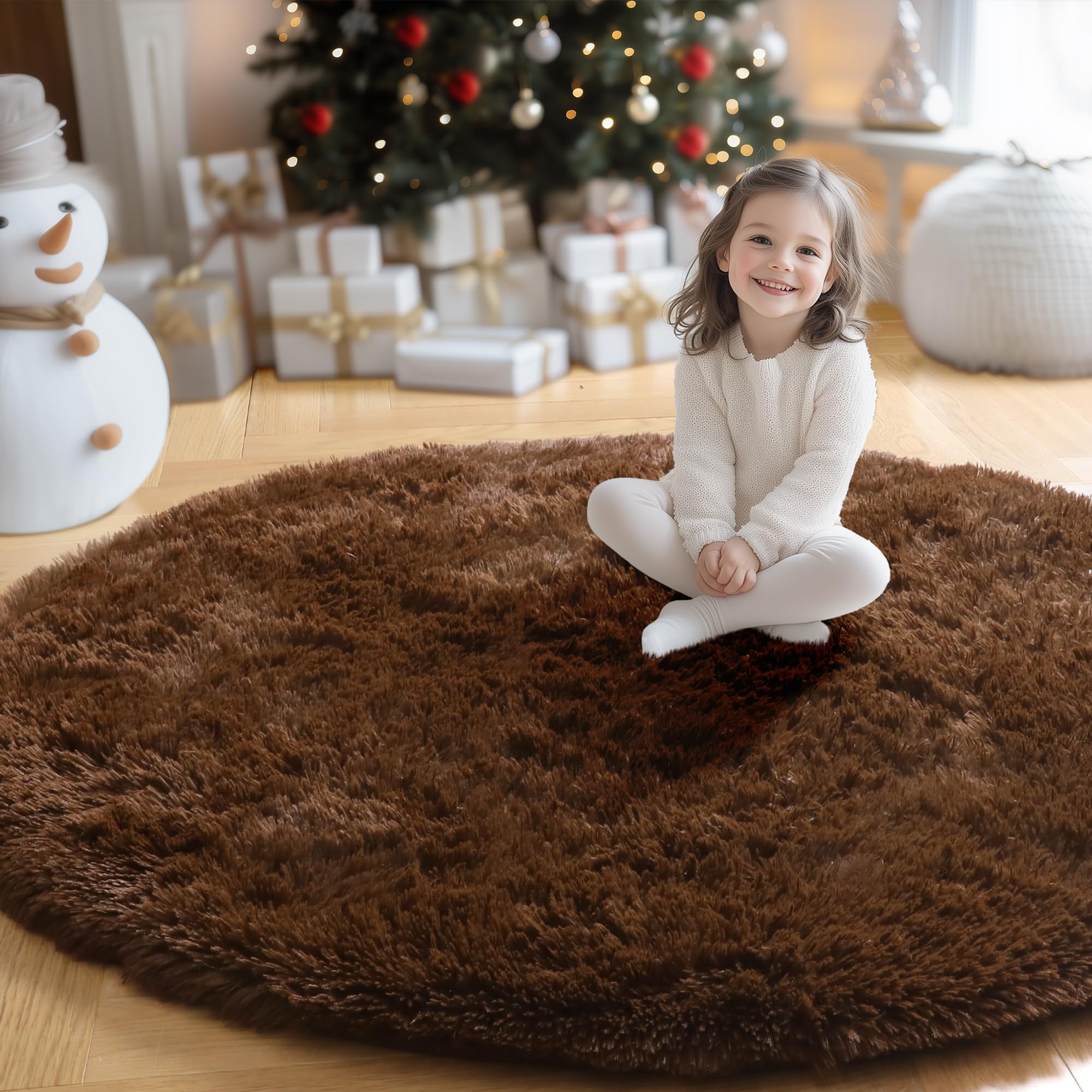 Photo 1 of Amdrebio Dark Brown Round Circle Rugs 5Ft for Bedroom, Fluffy Shag Plush Area Rugs for Kids Room, Living Room Decor Aesthetic, Fuzzy Fur Floor Chocolate Coffee Carpet for Playroom Dorm Baby Nursery