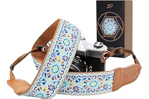 Padwa Lifestyle Blue Vintage Embroidered Camera Strap - 2" Pure Cotton Cowhide Ends Camera Straps for All DSLR/SLR Cameras, Adjustable Universal Strap,Great Gift for Men & Women Photographers
