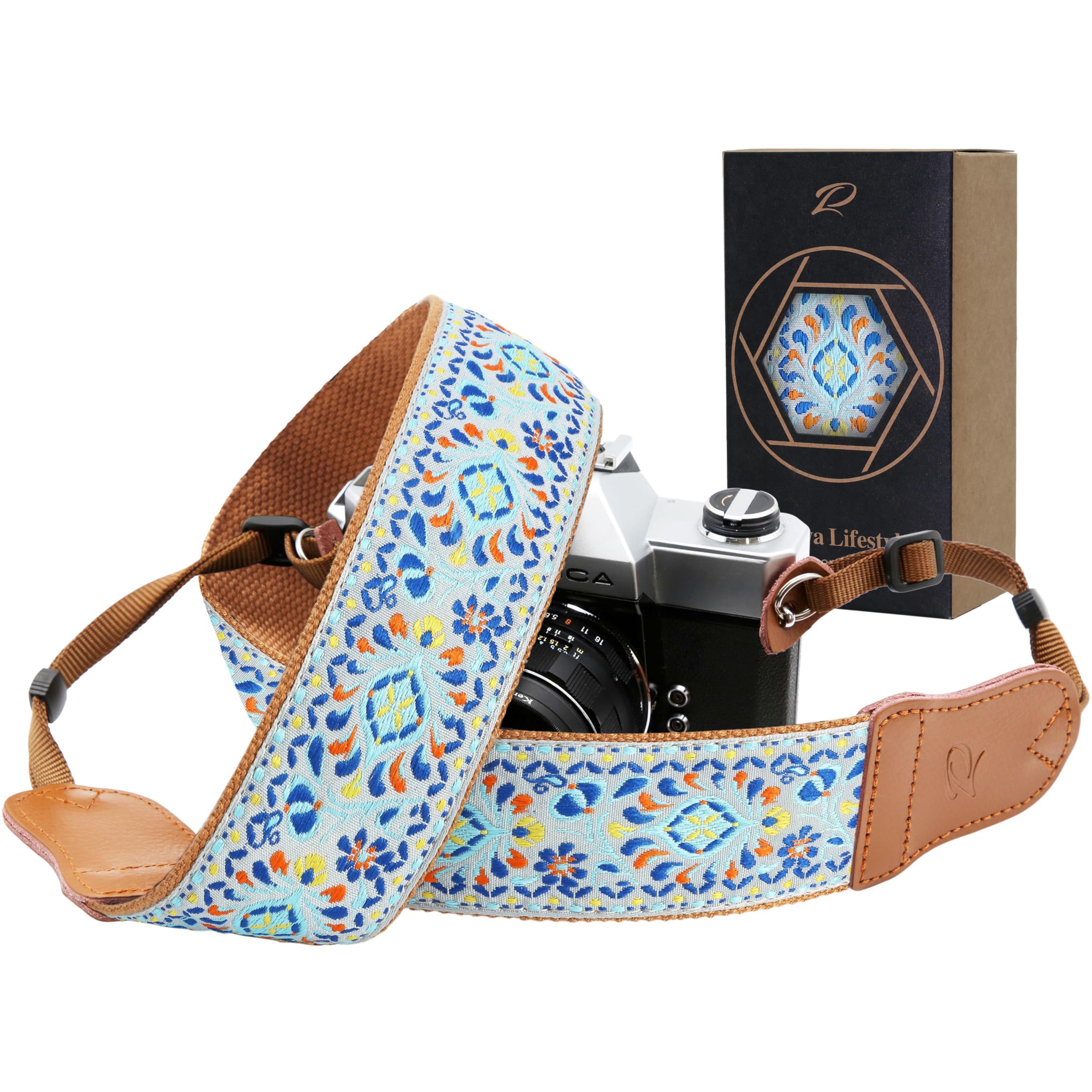 Padwa Lifestyle Camera Strap - 2" Wide Cowhide Head Cotton Camera Straps for Photographers,Vintage Universal Neck & Shoulder Camera Straps for All DSLR(Blue Embroidered Floral)