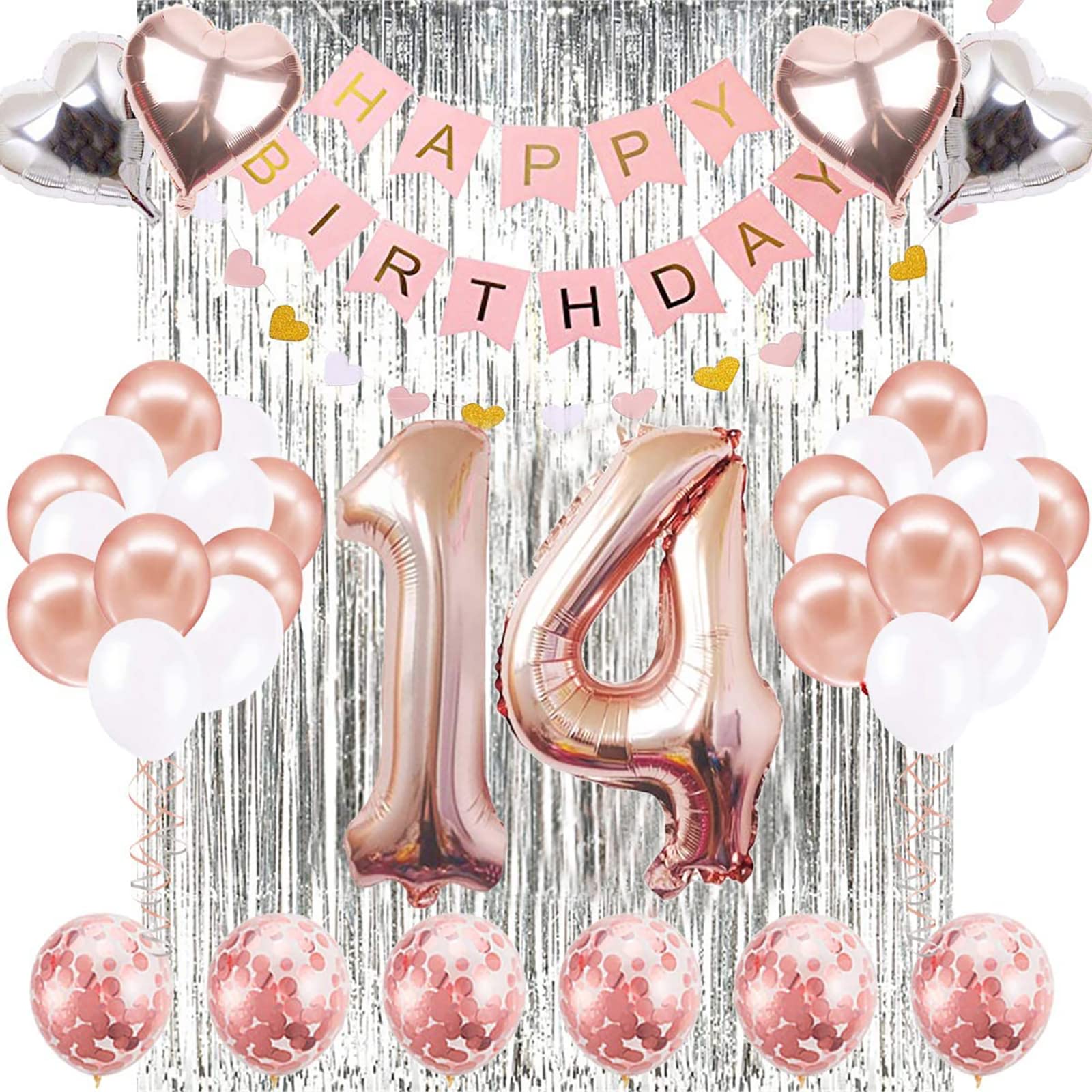 SZHUIHER 14th Birthday Decorations, Rose Gold & Silver, Happy Birthday Banner, Number 14 Balloons, Heart Foil Balloons, Garland, Fringe Curtain