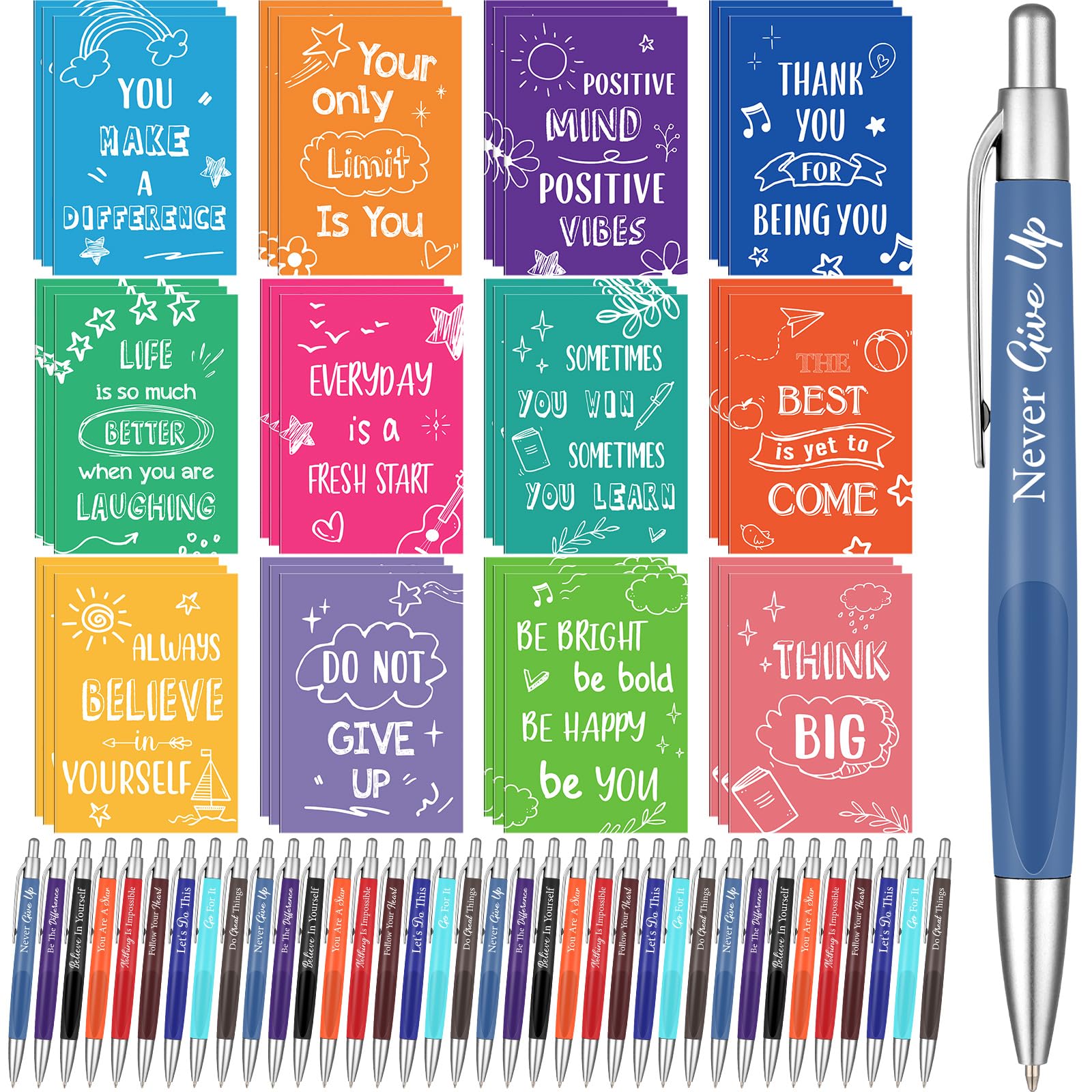 Photo 1 of Yeaqee 72 Pcs Motivational Pens Notepads Gifts Set Inspirational Quote Ballpoint Pen Small Notebook Mini Journal Bulk Present Idea for Teacher Coworker Gifts Women Office School(Uplifting)