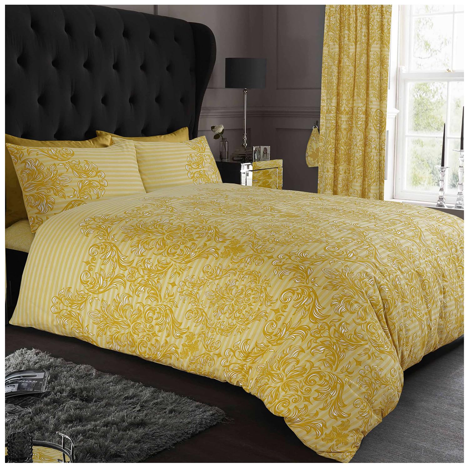 GC GAVENO CAVAILIA Damask Bedding Double Bed Set - Flower Duvet Cover - Comforter Covers With Pillow Cases - Ochre