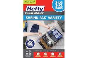 Hefty Shrink-Pak Vacuum Storage Bags - Space Saver for Under Bed Storage, Clothing and Comforters, Odor Resistant, 3X More Storage Space - 3 Large, 3 XL Bags