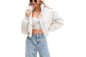 WHN Women’s Cropped Jacket Puffer Lightweight Quilted Jackets Long Sleeve Stand Collar Zipper Winter Outerwear Coat